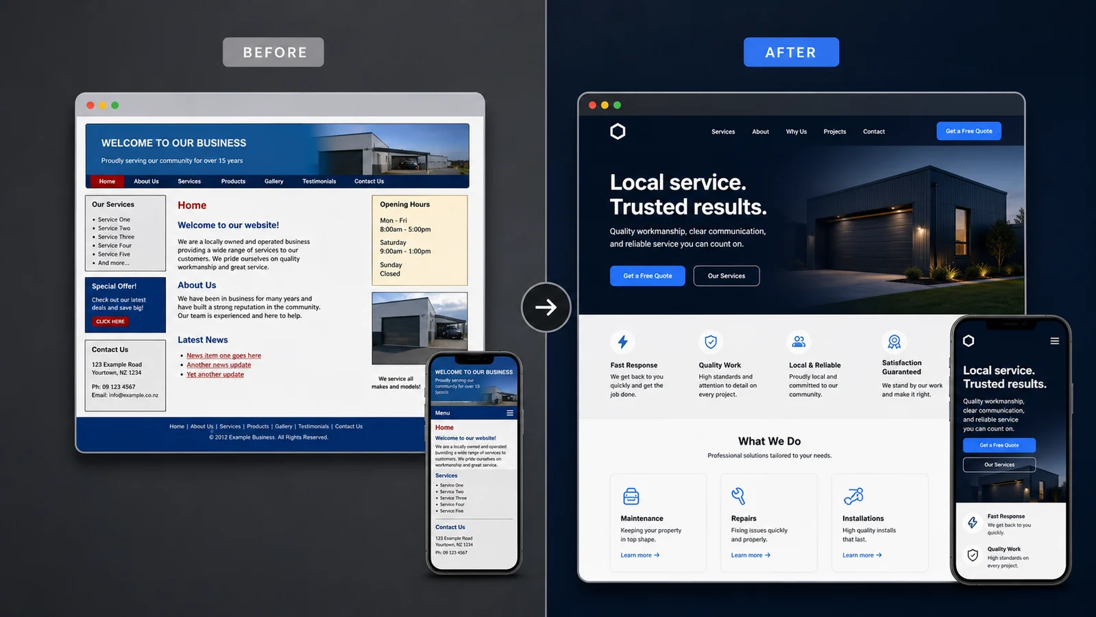 Before and after website redesign comparison for a local business