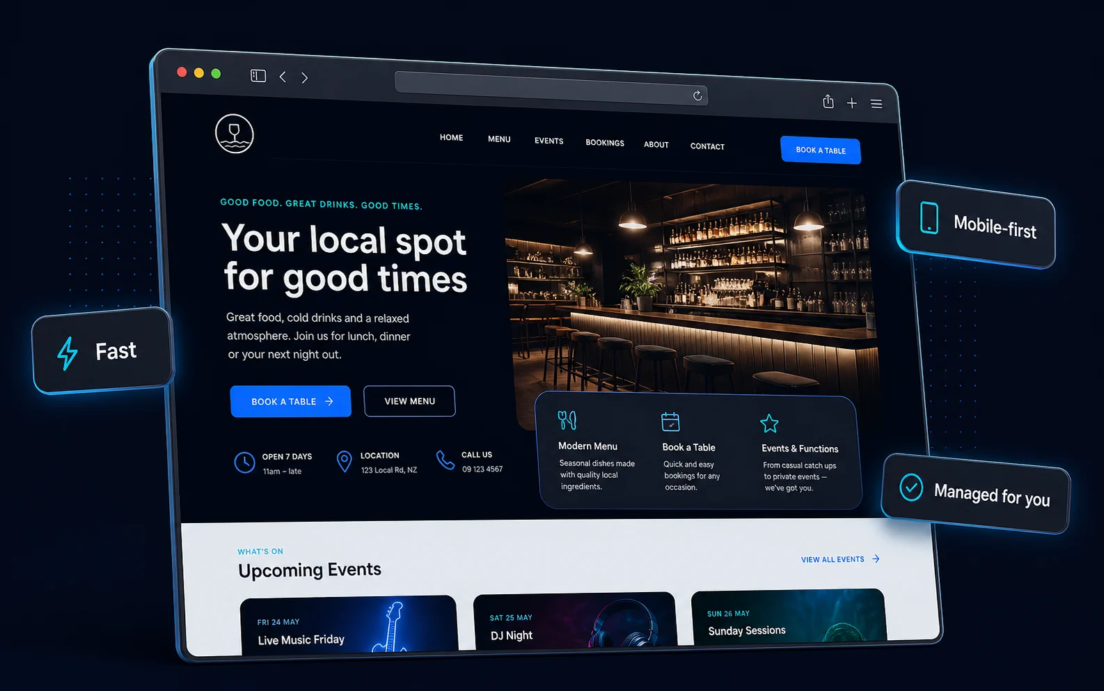 Modern local-business website concept shown in a browser-style mockup