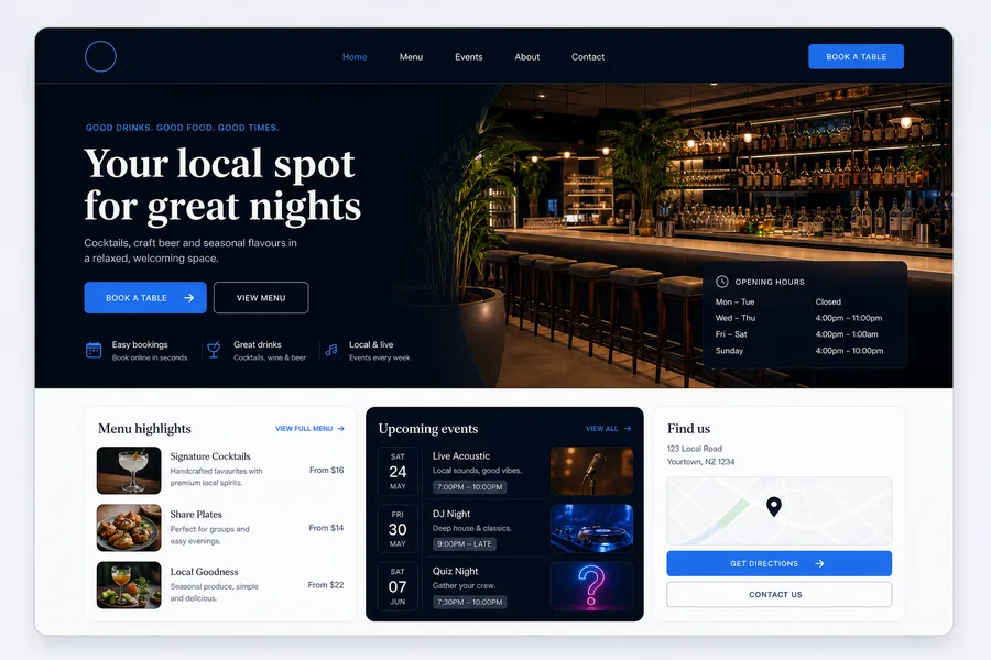 Hospitality website concept with menu, booking and opening hours sections