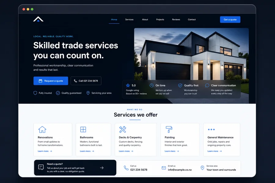 Tradie website concept with service cards and quote request call-to-action